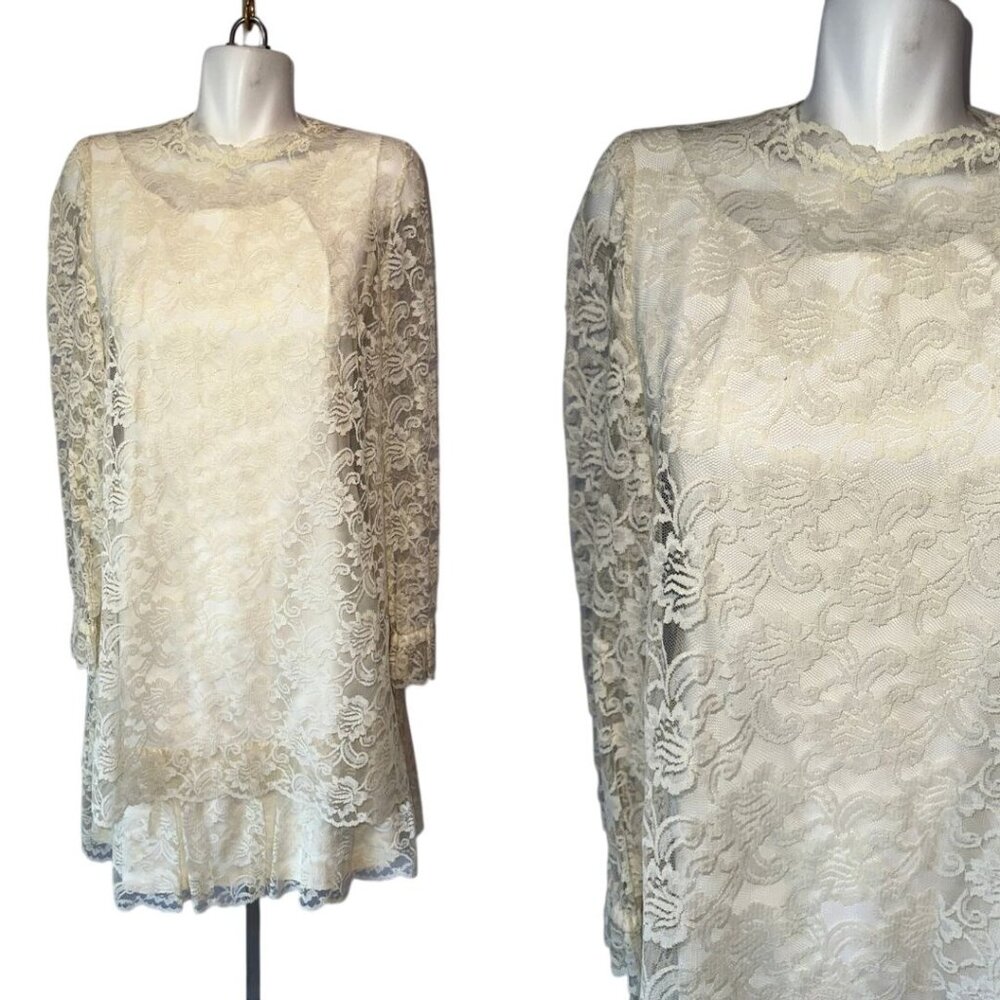 Vtg 60s Emma Domb Drop Waist Wedding Dress White Lace Overlay Long Sleeve Sz 11